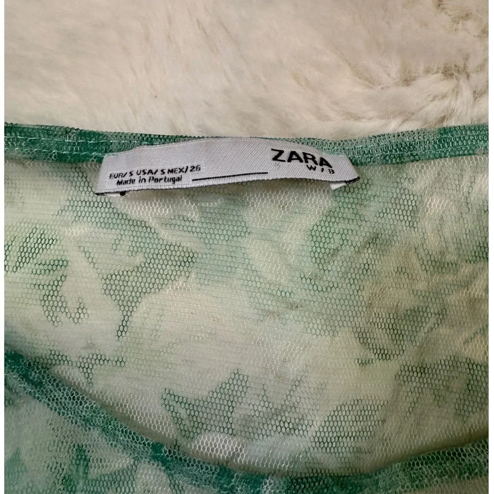 Zara Mesh Top Green Floral Ruched Sleeve Sheer Fairycore Whimsigoth Festival S